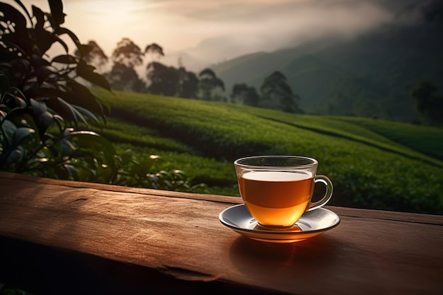 Tea cup with on the wooden table and the tea plantations background generative ai