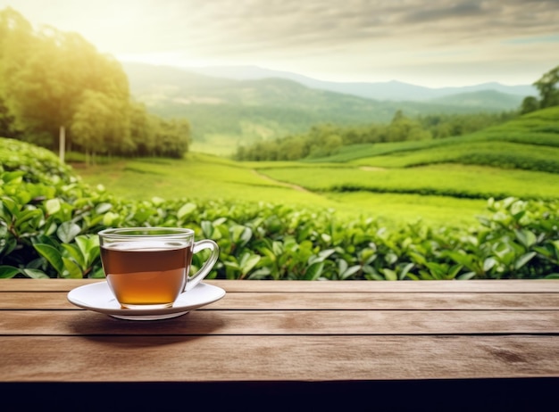 Tea in cup on a wooden table with green field in the background