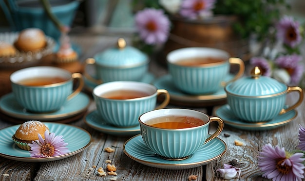 Photo tea cups and tea cups on a table with a flower on the top