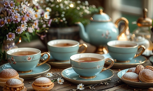 Photo tea cups and tea cups on a table with a teapot and a cup of tea