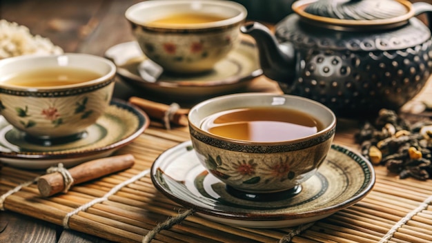 tea cups and teas on a table with other teas