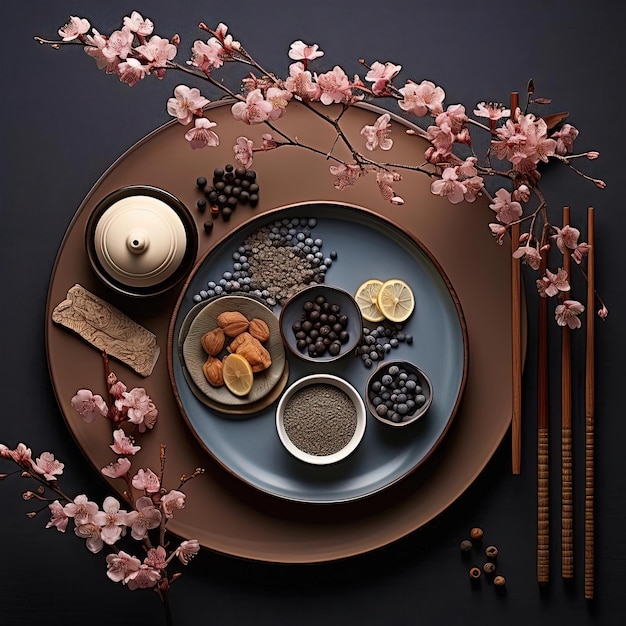 tea dishes cups and spoons with flowers and fruit on a plate