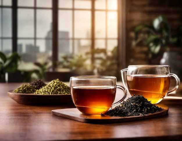 Tea factory Set of variety ceylon teas on wooden table in meeting room at manufacturing plant in Sri Lanka Demonstration tea for client Production concept High quality photo Copy ad text space