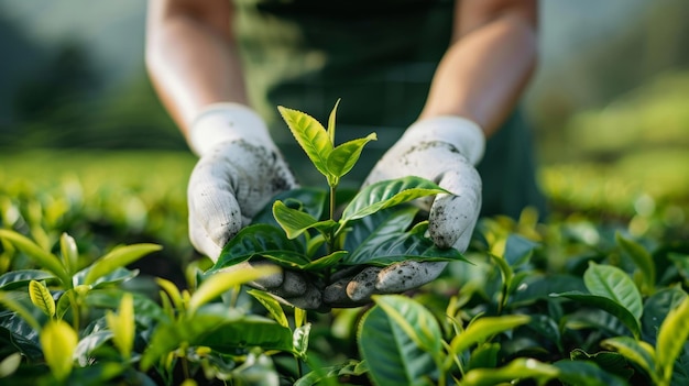 A tea farmer39s hands in white gloves picking tea leaves on the green field background closeup of worker holding fresh plant for product quality control and equipment use concepts