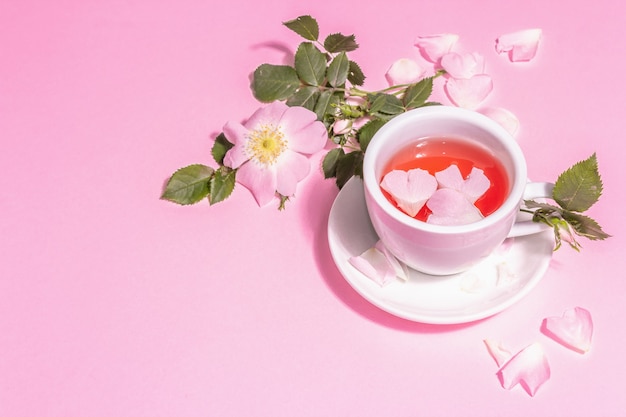 Tea from rose hips flowers. Summer vitamin drink, hard light, dark shadow. Pink pastel background, copy space