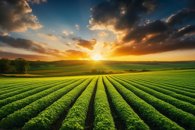 tea garden sunset green soybean field lettuce field soybean field Ai photo Midjourney