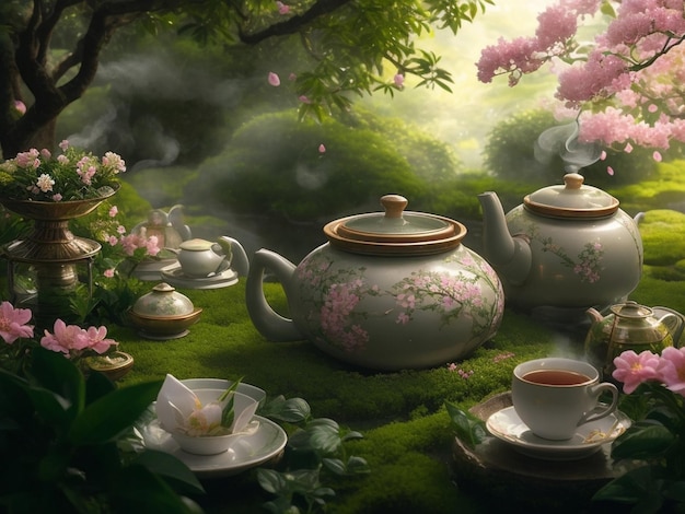 Tea garden with steaming cups of teas beautiful tea garden Happy National Hot Tea day