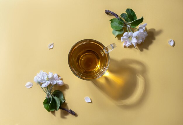 Tea in a glass cup with flowers of an apple tree on a yellow background