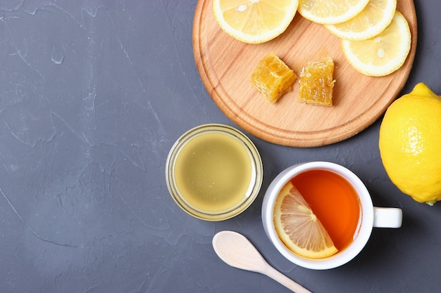 Tea honey and lemon on the table top view