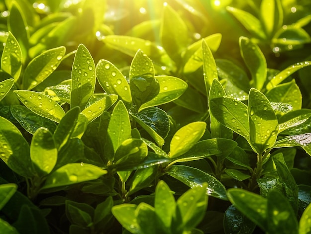 Tea Leaf Photo with Dew Droplets and Sun Shine AI Generated