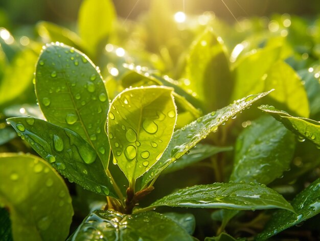 Tea Leaf Photo with Dew Droplets and Sun Shine AI Generated