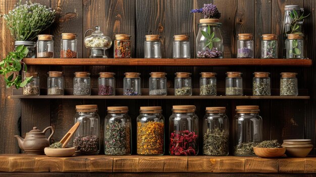 Tea leaves and herbal tea blends displayed in elegant jars