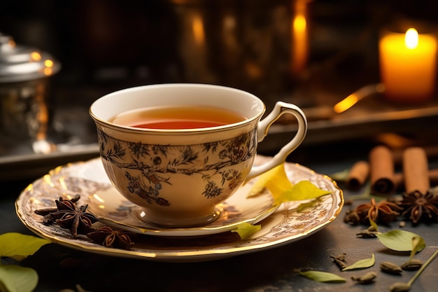 Tea Leaves in ntage Teacup CloseUp Aromatic