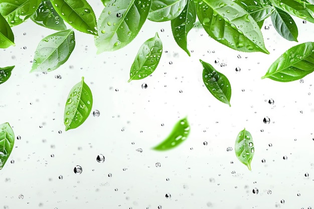 Tea leaves with water drops flying in the air isolated on white brackground