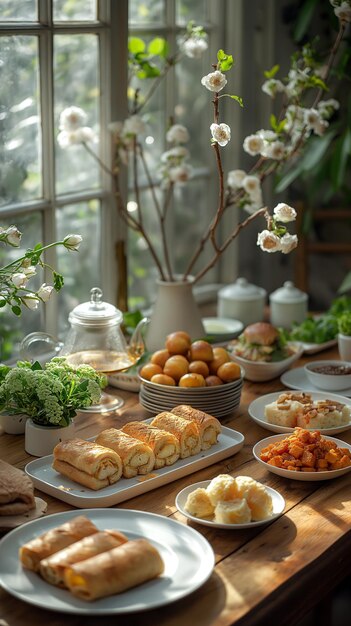 Tea party table set with a simple teapot cups and plates of sandwiches spring rolls lemon cake