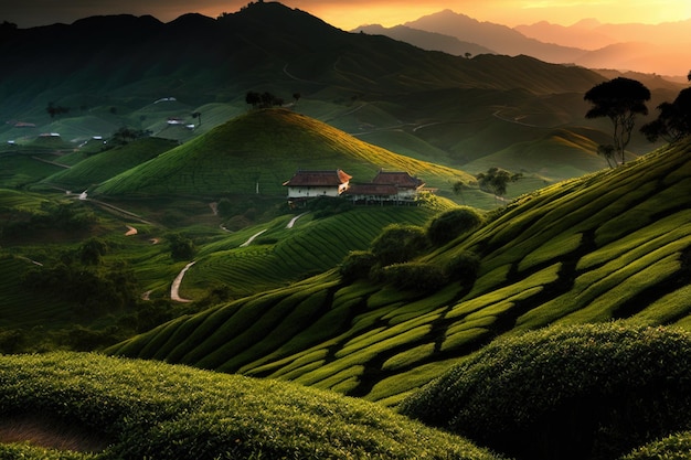 Tea plantation landscape at dawn in Malaysia39s Cameron Highland