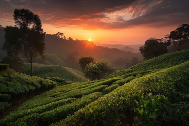 Tea plantation at sunset with orange and pink hues streaking the sky