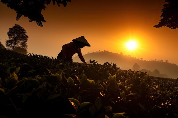 Tea plantation sunset with silhouetted worker picking leaves created with generative ai