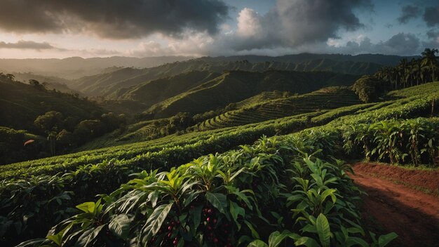 Photo a tea plantation with a storm coming in the background