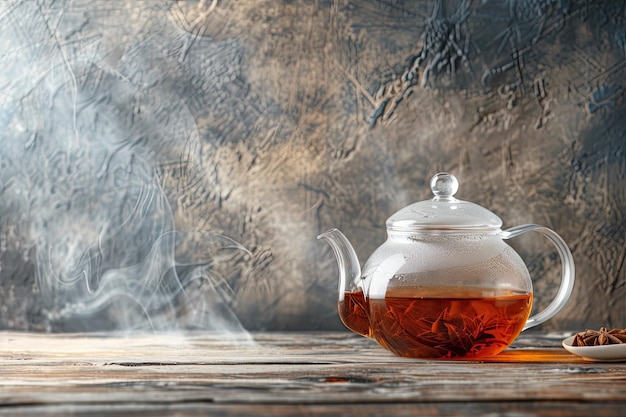 Photo tea pot with glass on the table