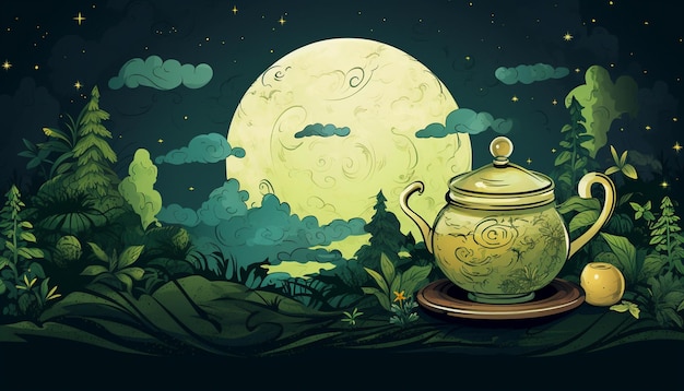 a tea pot with a moon and clouds in the background