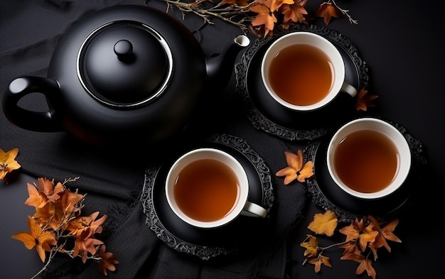 tea set in dark color halloween concept