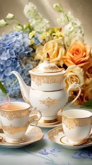 A tea set with a bouquet of flowers and a teapot with tea cups on it.