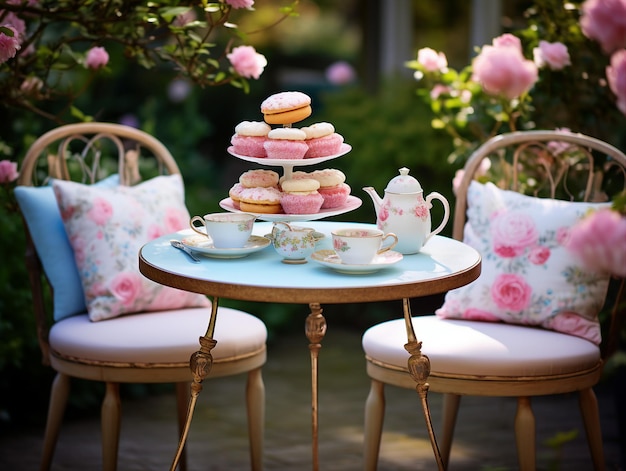 Tea set with cupcakes and roses on a table in the garden