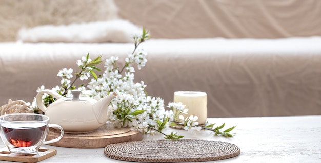 Tea set with flowers on a table