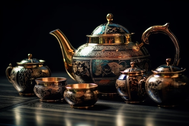 A tea set with gold and green tea cups and a teapot