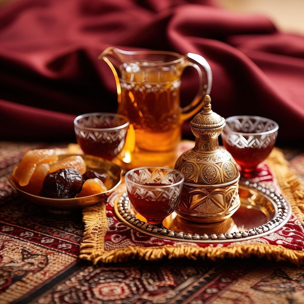 A tea set with a pitcher and a tea pot with a tea set on it.