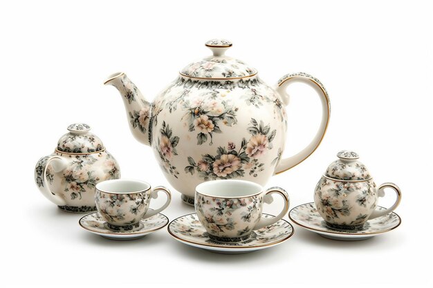 Photo tea set with teapot and cups isolated on white background