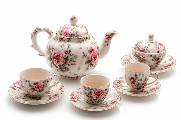 Photo tea set with teapot and cups isolated on white background