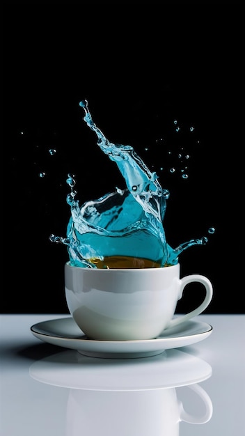 Tea splashes in white cup on black background