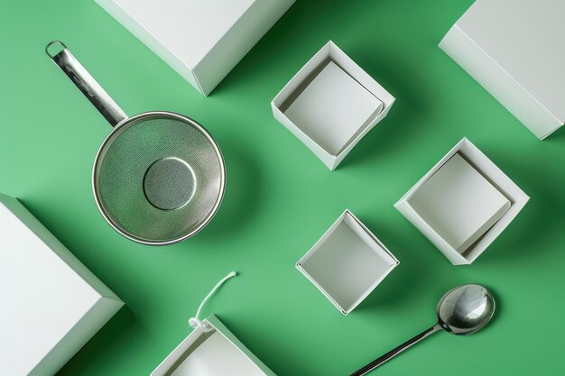 Photo tea strainer tea bag and white boxes on green background