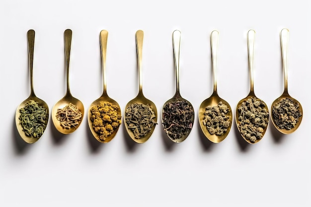 Photo tea strands on spoons lay flat over a white background