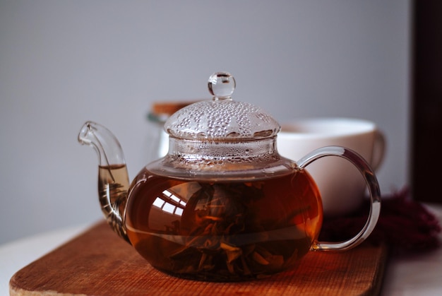 tea teapot glass teapot black tea background white background a white cup a cup