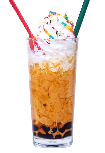 Tea thai, Ice tea milk or Ice milk tea, Sweet drink with whipped cream, Isolated, on white background, Clipping path