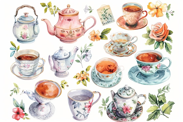 Photo tea time elegance a digital planner sticker set for tea enthusiasts featuring watercolor illustrations of elegant teapots