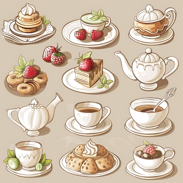 Tea Time Set Whimsical Illustration of Teacups Cakes and Sweet Treats