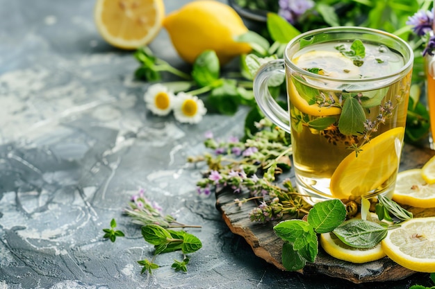 Photo tea time with steaming glass teapot and cup in a rustic home setting with sunlight and flowers