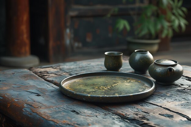 Tea Tray with Small Pots on Rusty Grey Floor