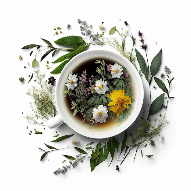 Tea with herbs and flowers in a cup top view Generative AI