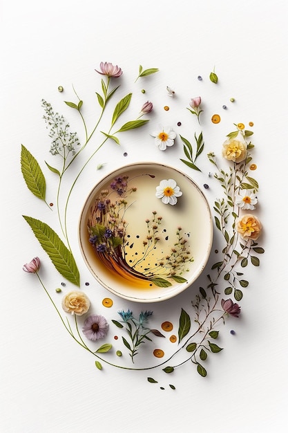 Tea with herbs and flowers in a cup top view Generative AI