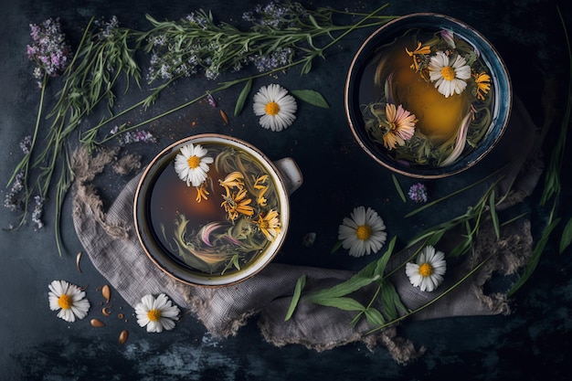 Tea with herbs and flowers in a cup top view Generative AI