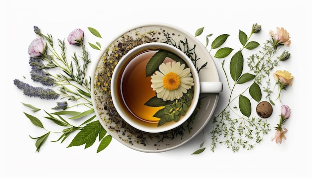 Tea with herbs and flowers in a cup top view Generative AI