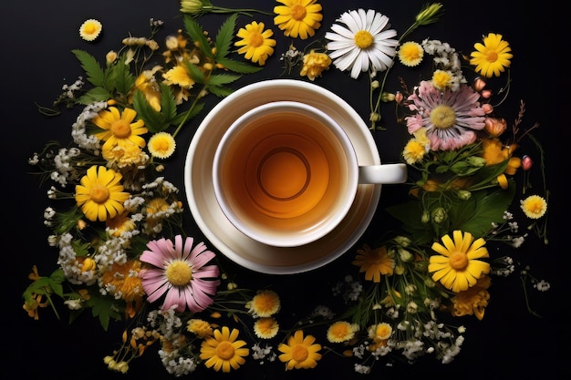 tea with herbs and flowers in a cup