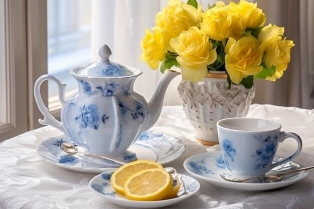 Tea with lemon and bouquet of blue primroses on the table