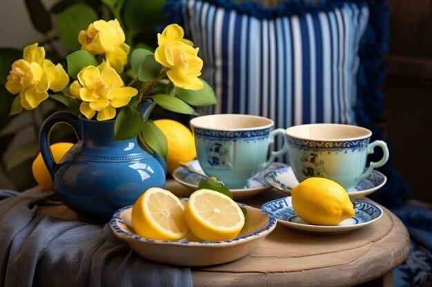 Tea with lemon and bouquet of blue primroses on the table