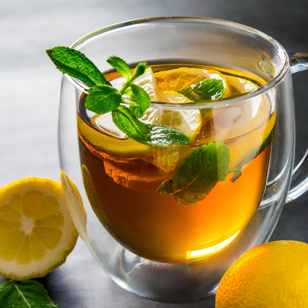 Tea with lemon and mint in transparent cup Alternative medicine for treatment